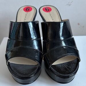 Tahari Black Patent Leather Platform Mule Slides